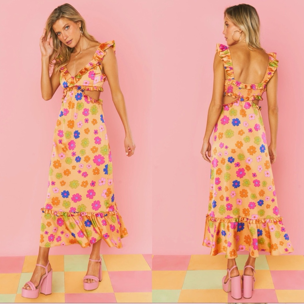 NEW Show Me Your MuMu Lane Midi Dress Floral Ruffle Large Made in the USA